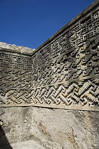 Fantastic geometric carving, Palace of the Columns, Mitla, ancient Mixtec site, Oaxaca, Mexico, North America