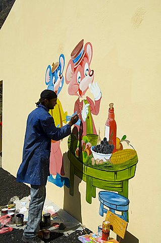 Local School being painted in the volcanic caldera, Fogo (Fire), Cape Verde Islands, Atlantic, Africa