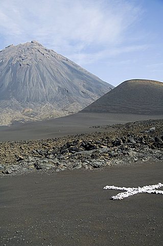 White cross is a marker to check for land movement within the caldera, with the Pico de Fogo volcano in the background, Fogo (Fire), Cape Verde Islands, Africa