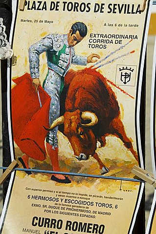 Old bull fighting posters for sale at the Bull Ring, Plaza de Toros de la Maestranza, El Arenal district, Seville, Andalusia, Spain, Europe