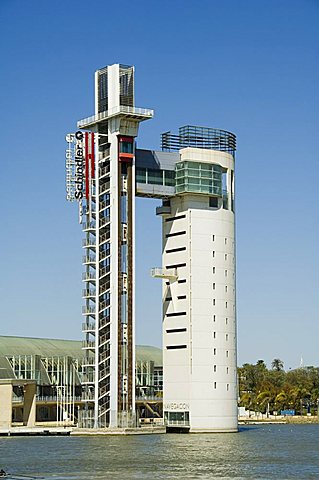 Building on Isla Magica and the river Rio Guadalquivir, Seville, Andalusia, Spain, Europe