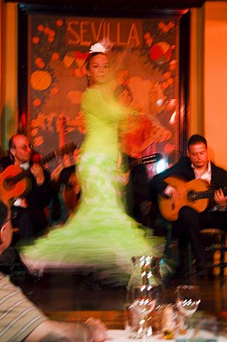 Flamenco dancer at El Arenal Restaurant, El Arenal district, Seville, Andalusia, Spain, Europe