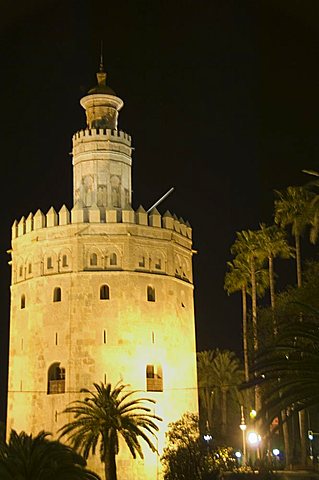 Torre del Oro at night, El Arenal district, Seville, Andalusia, Spain, Europe