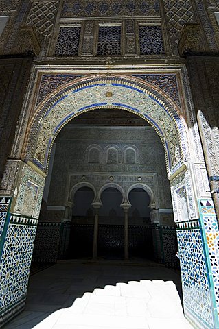 The Ambassadors Hall with three horseshoe arches, Real Alcazar, UNESCO World Heritage Site, Santa Cruz district, Seville, Andalusia (Andalucia), Spain, Europe