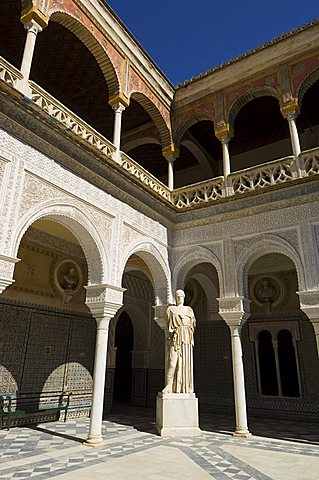 View of the Patio Principal in Casa de Pilatos, Santa Cruz district, Seville, Andalusia, Spain, Europe