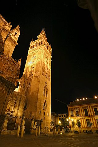 La Giralda at night, Plaza Virgen de los Reyes, Santa Cruz district, Seville, Andalusia, Spain, Europe