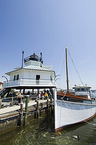 Typical historic lighthouse rescued and brought to the Chesapeake Bay Maritime Museum, St. Michaels, Talbot County, Miles River, Chesapeake Bay area, Maryland, United States of America, North America