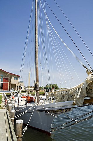 Restored historic Skipjack sailing boat, Chesapeake Bay Maritime Museum, St. Michaels, Talbot County, Miles River, Chesapeake Bay area, Maryland, United States of America, North America