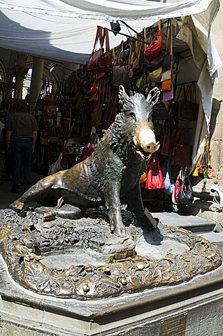 Il Porcellino, rubbing the nose of the wild boar statue will bring you luck and you will return to Florence, Mercato Nuovo, Florence (Firenze), Tuscany, Italy, Europe