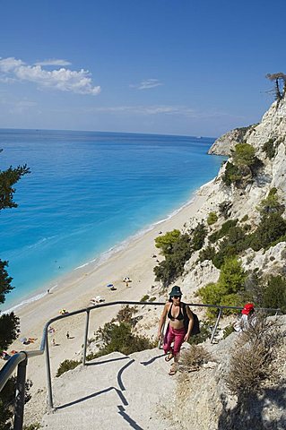 Egremnoi Beach, 400 steps to get down to it and reported to be one of the top beaches in Europe, on west coast of Lefkada (Lefkas), Ionian Islands, Greek Islands, Greece, Europe