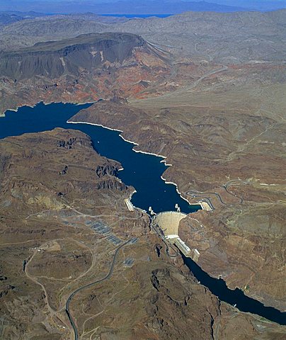 The Hoover Dam and Lake Mead from the air, Nevada, USA.