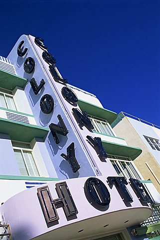 Low angle view of the neon sign of the Colony Hotel, Ocean Drive, Art Deco District, Miami Beach, South Beach, Miami, Florida, United States of America, North America