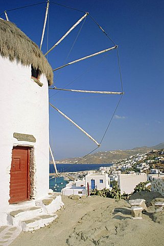 View of the town from the upper windmills, Mykonos, Cyclades Islands, Greece, Europe