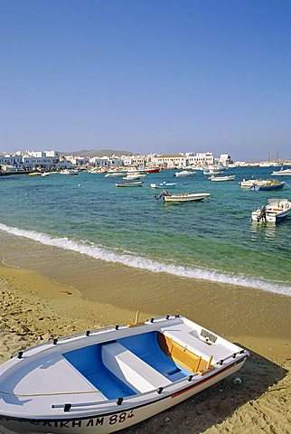 Mykonos Town harbour from the beach, Mykonos, Cyclades Islands, Greece, Europe