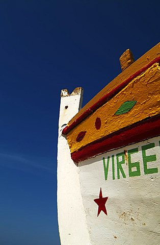 Close up of the prow of a traditional painted fishing boat, Albufeira, Algarve, Portugal, Europe