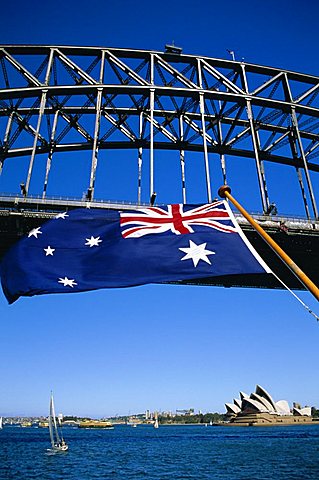 Flag, Sydney Harbour Bridge and Opera House, Sydney, New South Wales, Australia