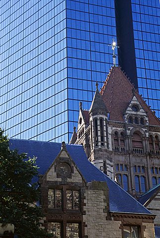 Architectural contrasts, Trinity Church in foreground, and John Hancock Tower behind, Boston, Massachusetts, New England, United States of America (USA), North America