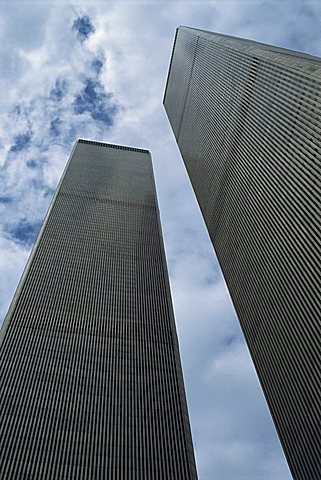 Low angle view of the exterior of the World Trade Center Twin Towers (419m), destroyed 11 September 2001, Manhattan, New York City, New York, United States of America, North America