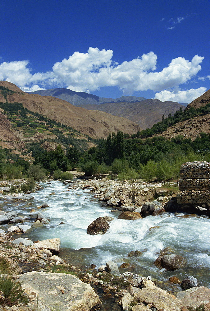 River and mountains in the Kalash region near Bumburet village in Chitral, Pakistan, Asia