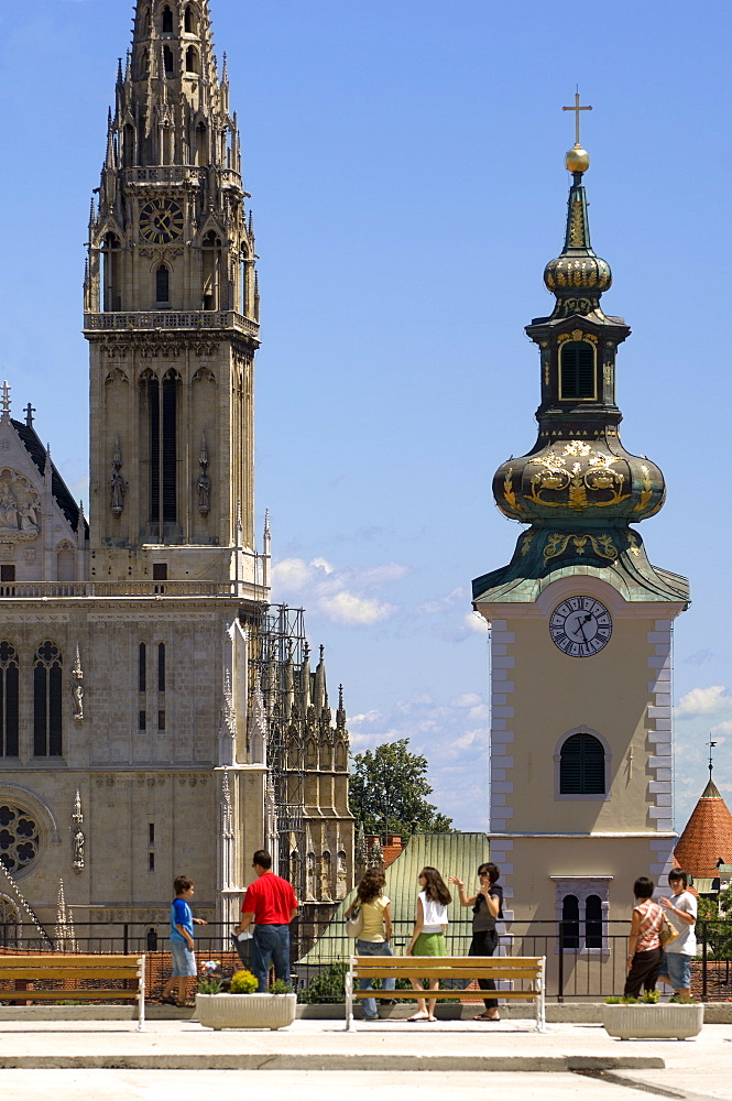 View towards St. Stephen's Cathedral and the Church of St. Mary, from Jezuitski Square, Gorni Grad (Upper Town), Zagreb, Croatia, Europe