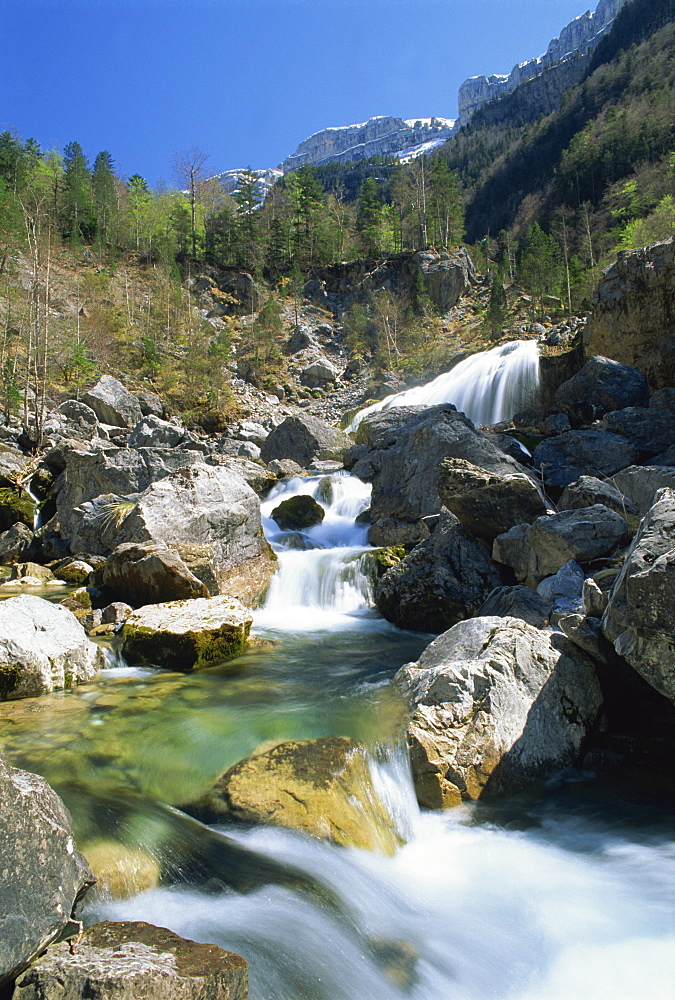 Stream flowing over rocks, with trees and mountains in the background in the Parque Nacional de Ordesa, Pyrenees, Aragon, Spain, Europe