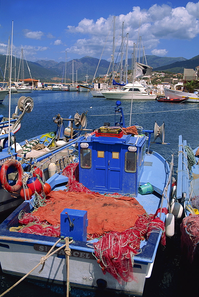 Fishing boat moored in the harbour at Propriano, island of Corsica, France, Mediterranean, Europe