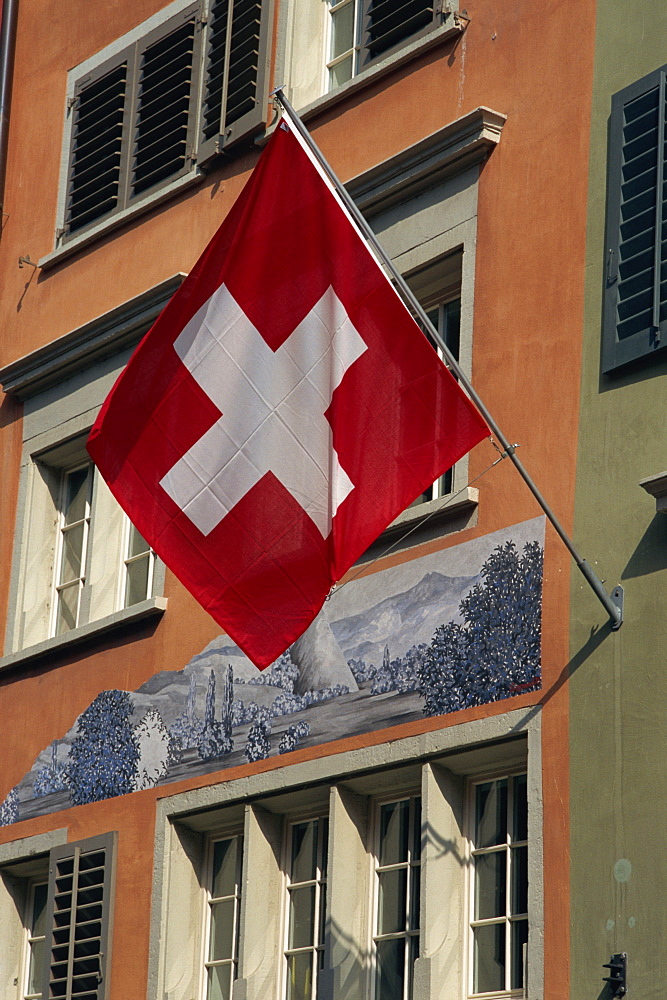 Swiss flag, Zurich Old Town, Switzerland, Europe