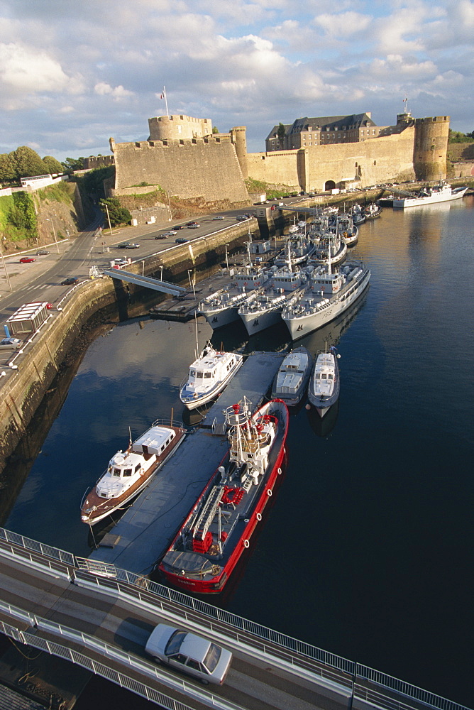 Castle dating from the 12th century and Naval Base (Port de Guerre), Brest, Brittany, France, Europe