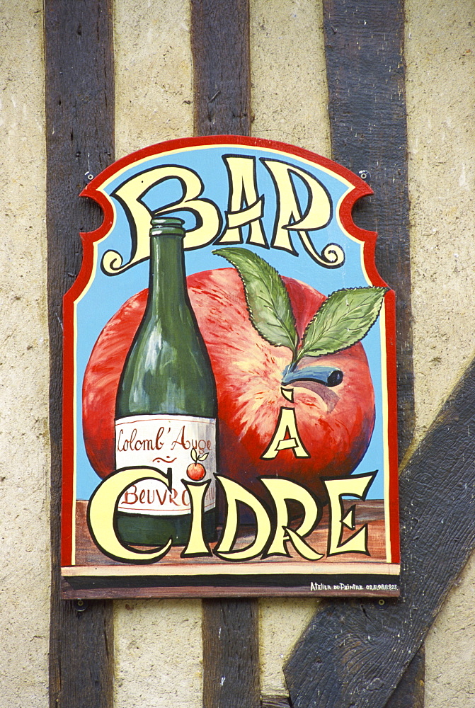 Cider bar sign, Beuvron en Auge, Auge, Normandy, France, Europe