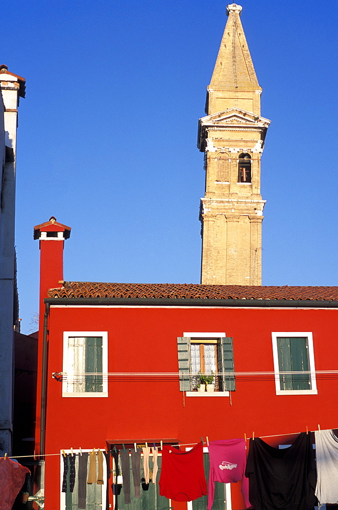 Leaning campanile of San Martino church, Burano, Venice, Veneto, Italy, Europe