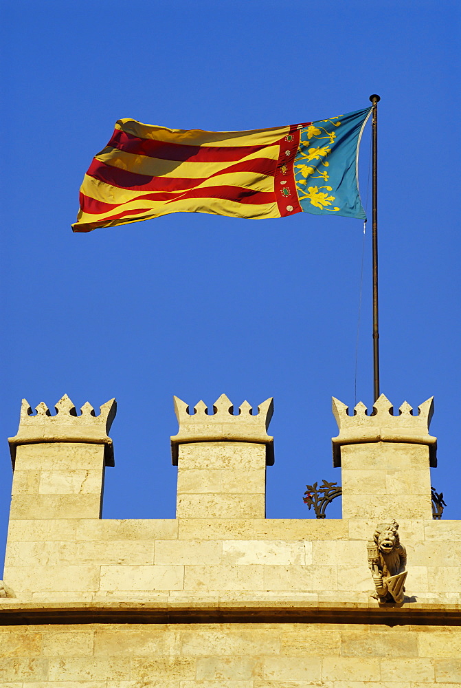 Detail of Torres Serranos (Gateway Tower) dating from the 14th century, Valencia, Spain, Europe