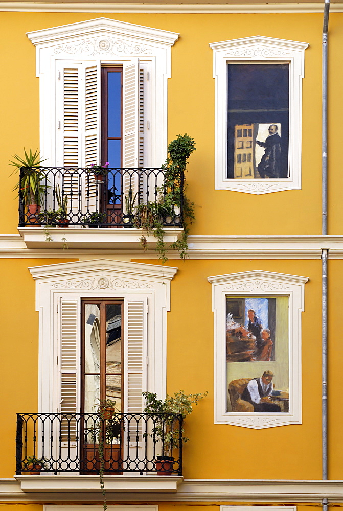 Trompe l'oeil paintings on facades, St. Nicolas Square, Valencia, Spain, Europe