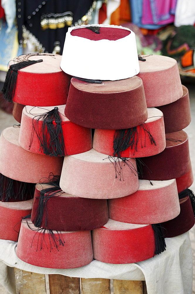 Felt hats and clothes for sale in the souk, Marrakesh, Morocco, North Africa, Africa