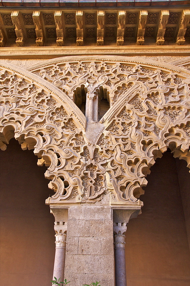 Detail of plaster decor in the garden gallery dating from the 15th century, St. Isabel courtyard, the Aljaferia Palace, Saragossa (Zaragoza), Aragon, Spain, Europe