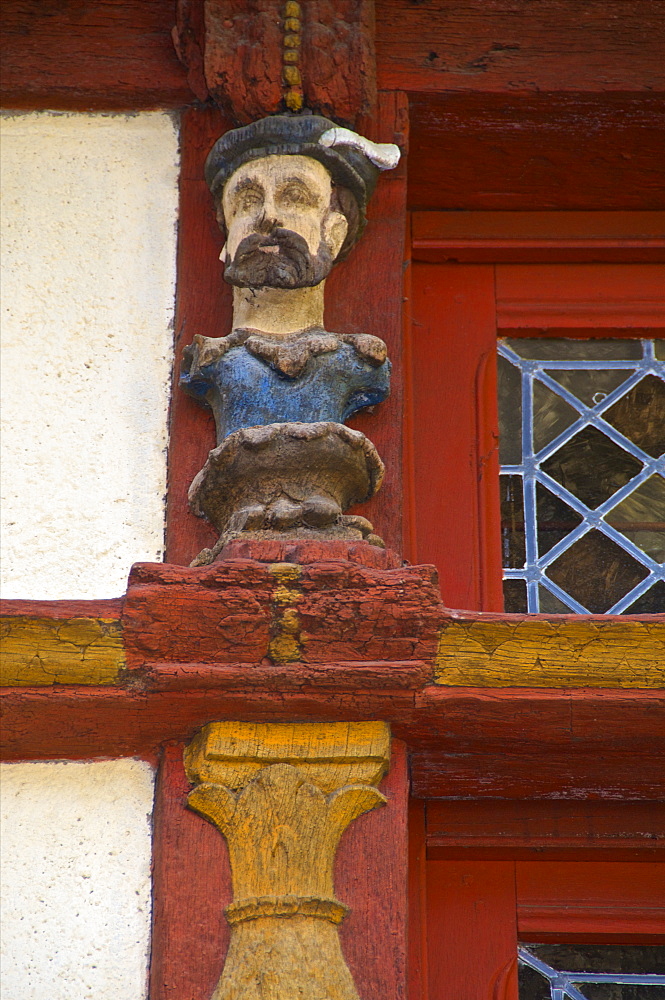 Detail of wood sculptures on the Keratry Mansion house dating from the 16th century, Old Town, Dinan, Brittany, Cotes d'Armor, France, Europe