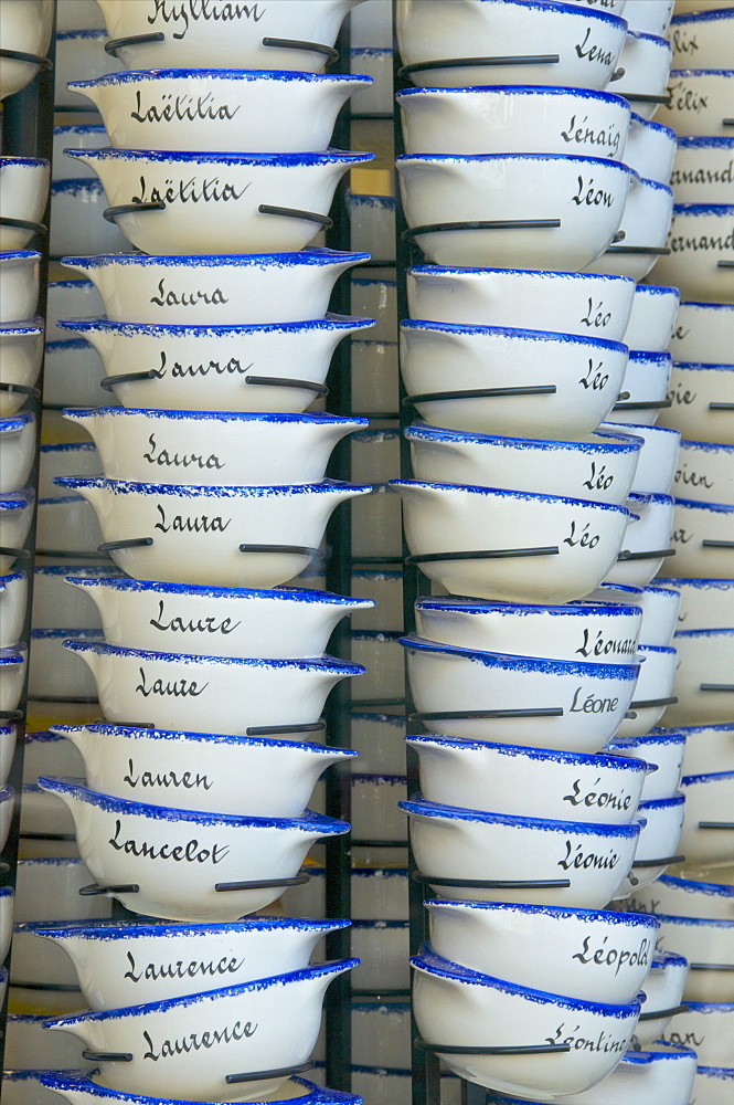 Typical Breton crockery bowls with names, Old Town, Dinan, Brittany, Cotes d'Armor, France, Europe