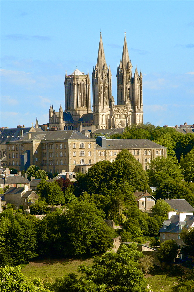 Notre Dame cathedral on skyline of Coutances, Cotentin, Normandy, France, Europe