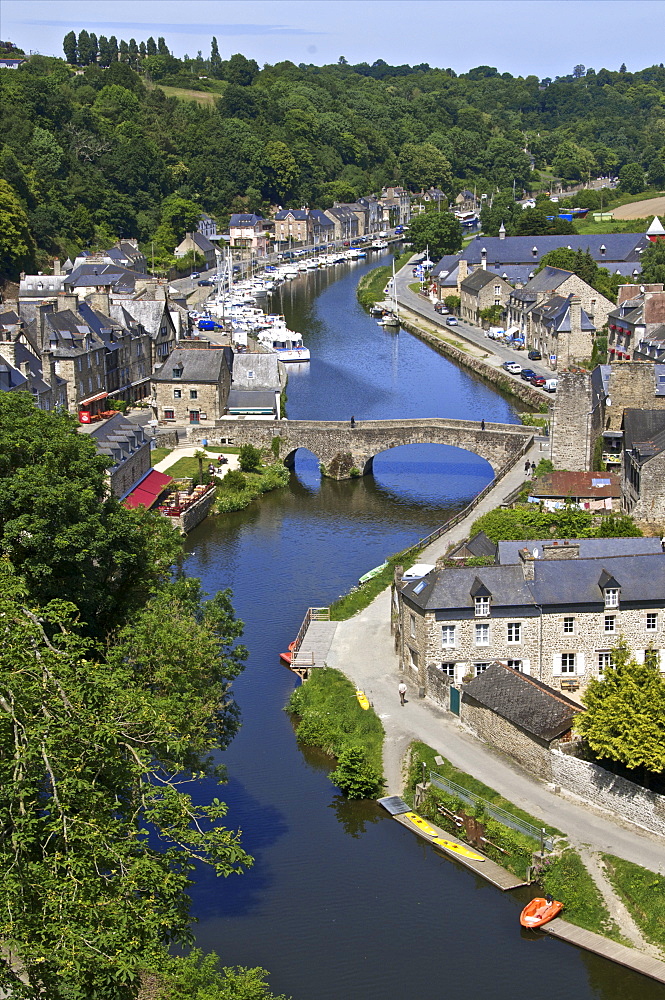 Rance River valley and Dinan harbour with the Stone Bridge, Dinan, Brittany, France, Europe 