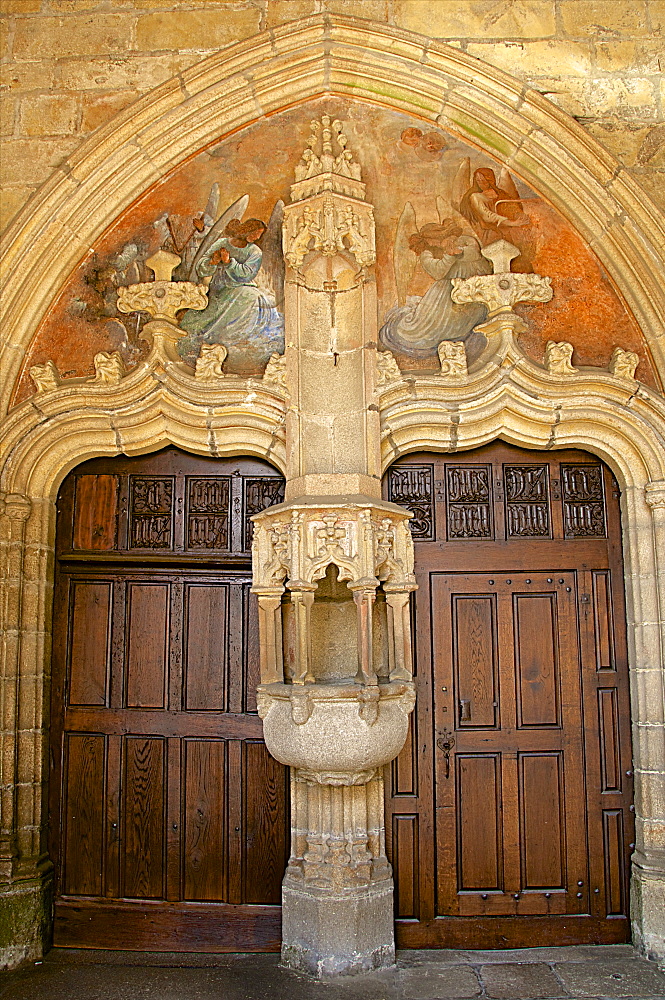 Painted porch, St. Melaine church dating from the 15th century, flamboyant gothic, Morlaix, Finistere, Brittany, France, Europe 