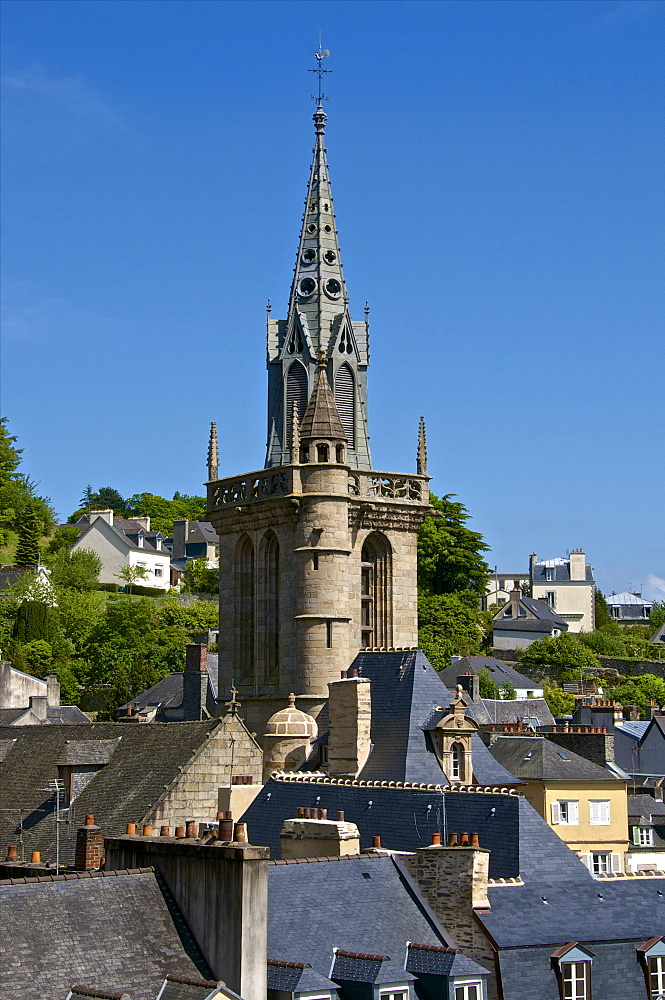 Steeple of St. Melaine church dating from the 15th century, flamboyant gothic, and surrounding old town roofs, Morlaix, Finistere, Brittany, France, Europe 