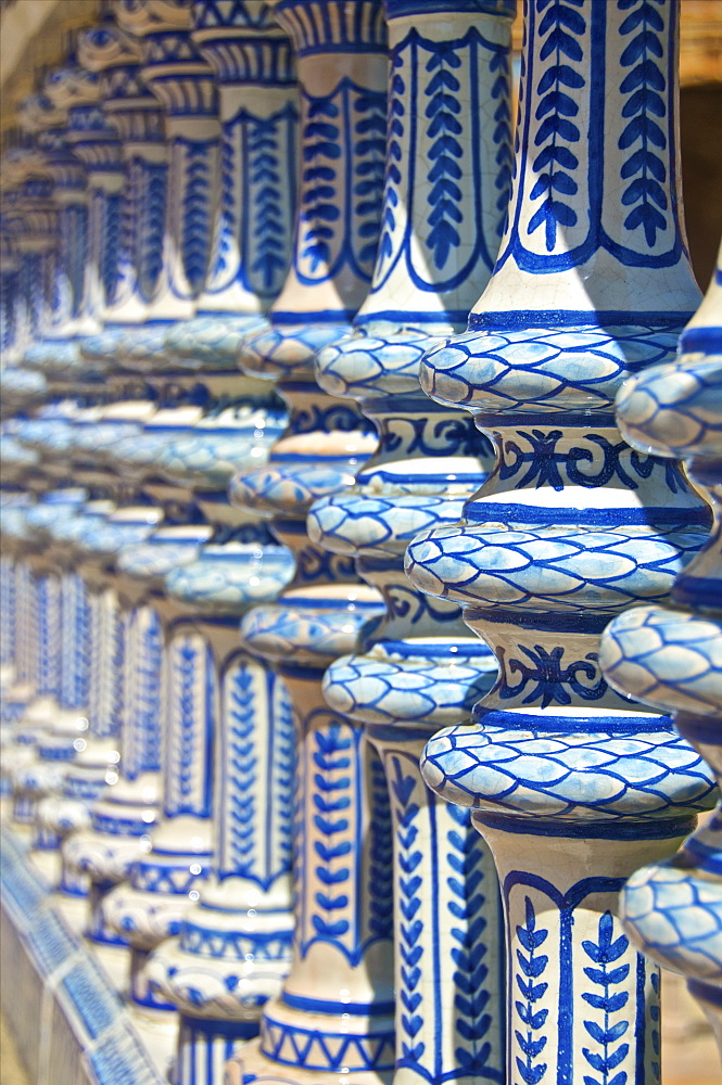 Ceramic decor columns, Plaza de Espana, Seville, Andalusia, Spain, Europe