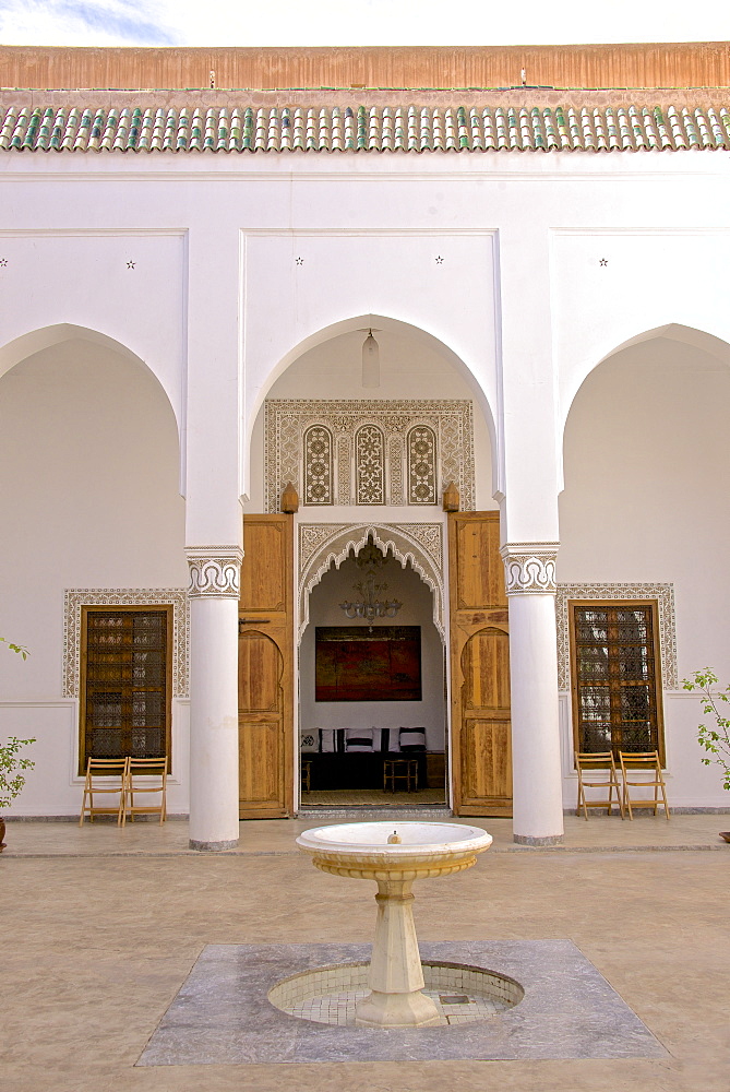 Indoor patio with fountain, Storks' House, Dar Bellarj, built in 1930, Arts and Crafts Centre, Art foundation, Medina, Marrakech, Morocco, North Africa, Africa