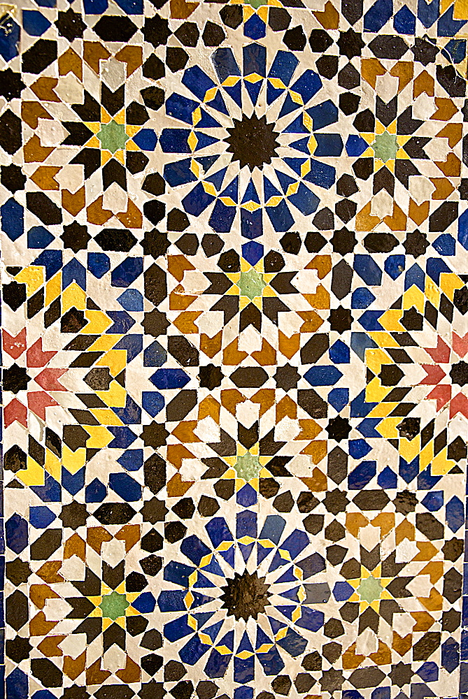 Zeliges, colored decor, Storks' House, Dar Bellarj, built in 1930, Arts and Crafts Centre, Art foundation, Medina, Marrakech, Morocco, North Africa, Africa