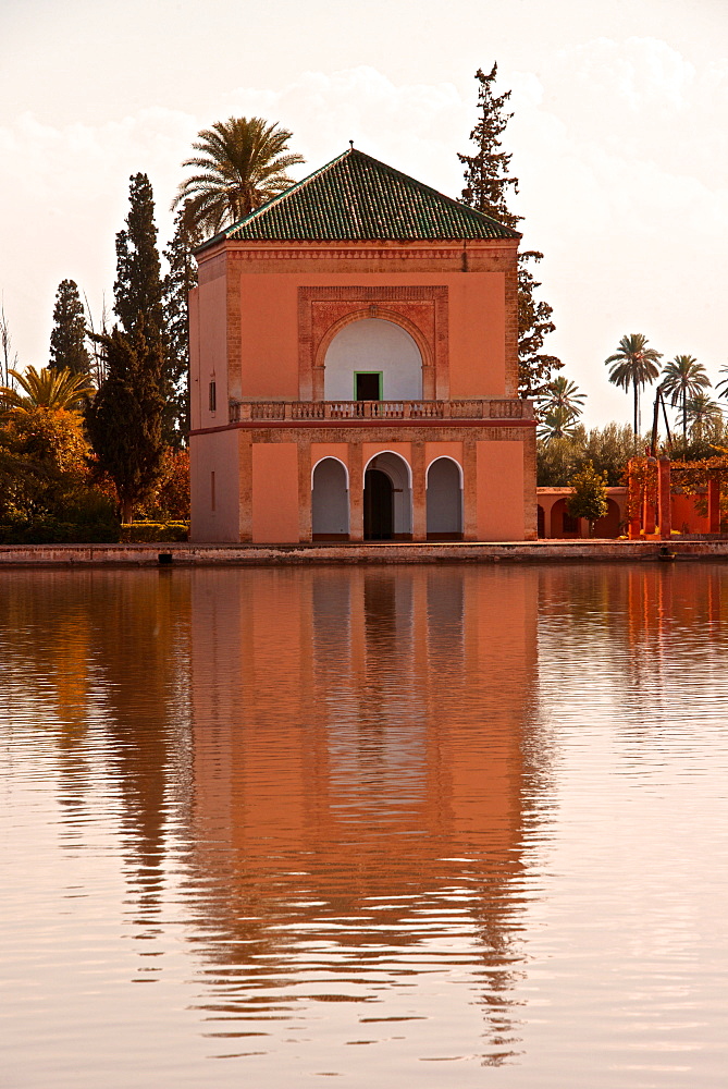 Water Basin dating from the 12th century Almohade period and Pavilion, Menara Gardens, Marrakech, Morocco, North Africa, Africa 