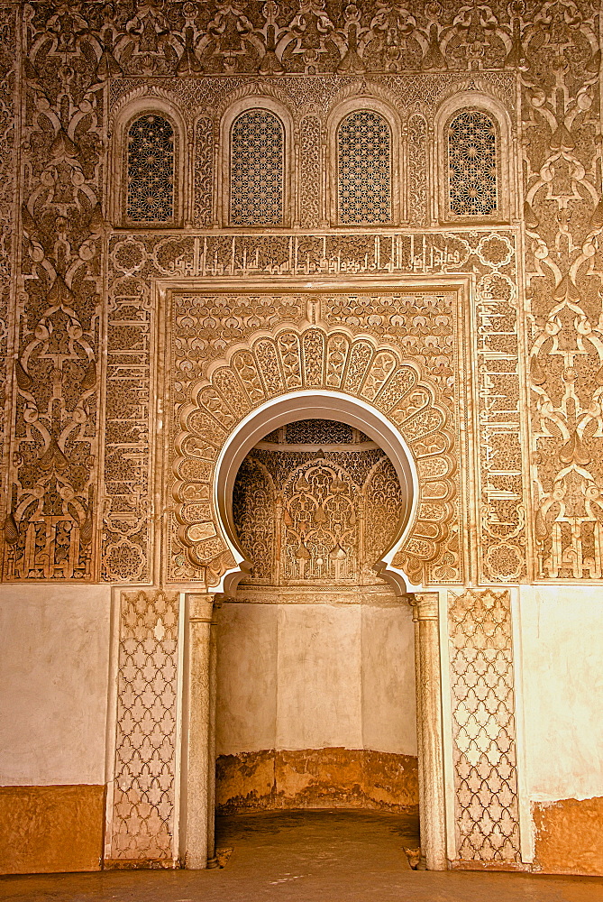 Mihrab in little mosque, Koranic School of Medersa Ben Youssef, dating from 1570, UNESCO World Heritage Site, Marrakech, Morroco, North Africa, Africa