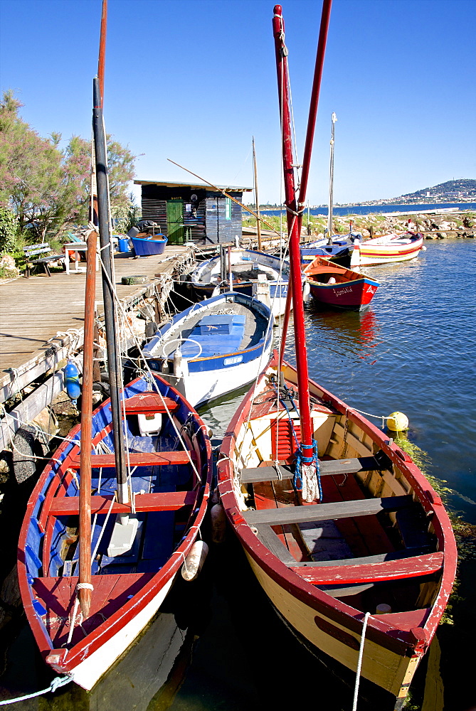 Fishing cabin and ancient fishing boats, Etang de Thau Museum, Bouzigues, Thau basin, Herault, Languedoc, France, Europe