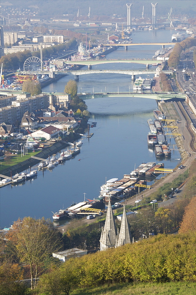 River Seine bends, with bridges, Lacroix Island and open air fairground, seen from Saint Catherine Hill, Rouen, Upper Normandy, France, Europe