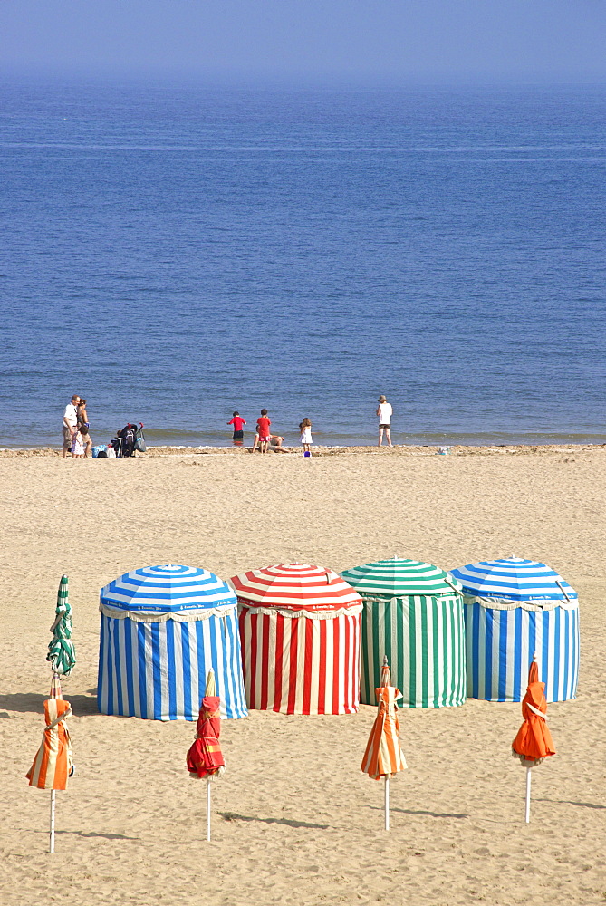 Canvass beach cabins, beach and sea, Trouville sur Mer, Normandy, France, Europe