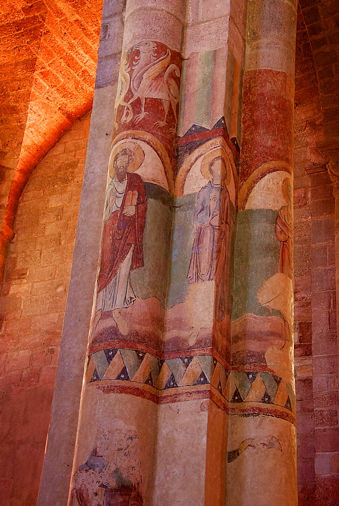 Paintings on nave and columns, St. Julian Basilica (St. Julien Basilica) dating from the 9th century, Romanesque architecture, Brioude, Haute Loire, France, Europe