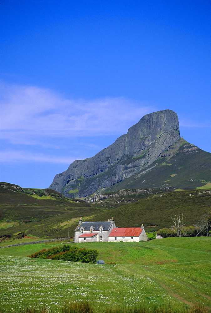 Galmisdale House and An Sgurr, Isle of Eigg, Inner Hebrides, Scotland, UK, Europe